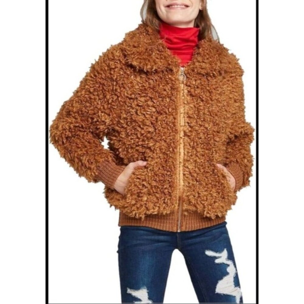 Wild Fable Womens Sherpa Bomber Jacket XS Faux Fur Camel Brown Full-Zip Stylish